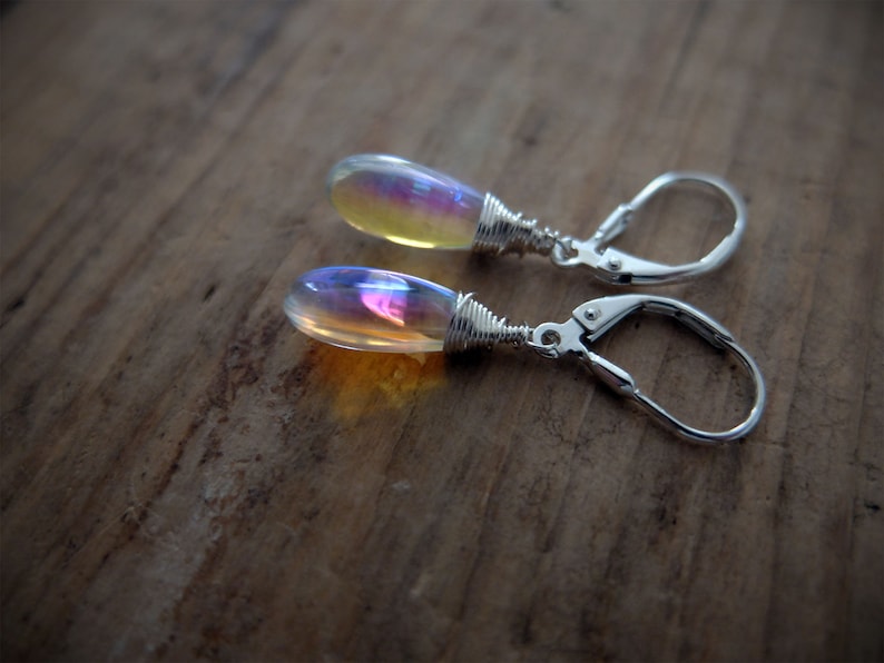 Blue rainbow mystic aura quartz stone drop earrings necklace, also called mermaid stone / angel quartz, blue rainbow flash, jewelry set image 6