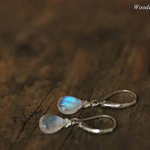 Blue Moonstone Drop Earrings (blue or rainbow flash): Sterling Silver Leverback, Gemstone Jewelry