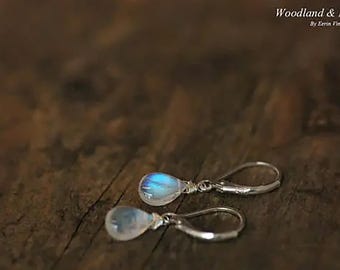 Blue Moonstone Drop Earrings (blue or rainbow flash): Sterling Silver Leverback, Gemstone Jewelry