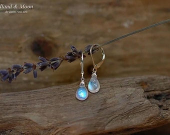 Moonstone Drop Earrings (blue or rainbow flash): Sterling Silver Leverback, Gemstone Jewelry