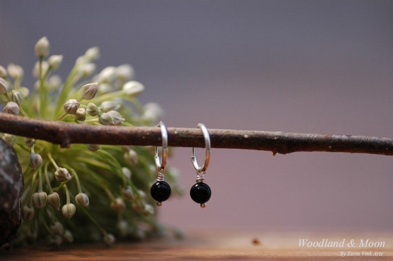 Minimalist Black Onyx Dangle Hoop Earrings - Sterling Silver