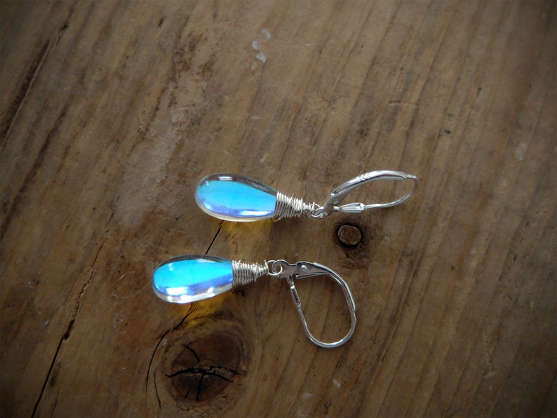 Blue rainbow mystic aura quartz stone drop earrings necklace, also called mermaid stone / angel quartz, blue rainbow flash, jewelry set image 5