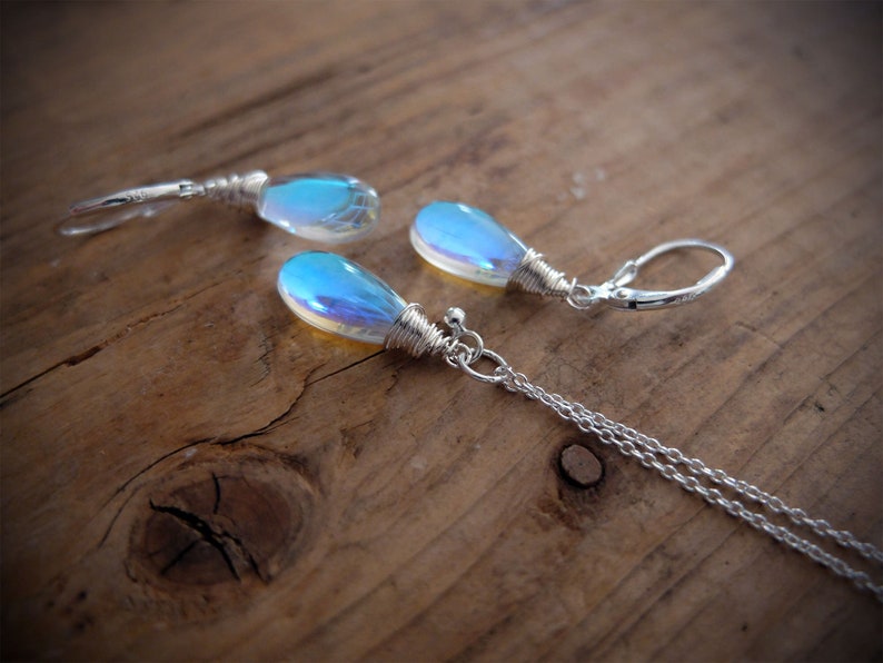 Blue rainbow mystic aura quartz stone drop earrings necklace, also called mermaid stone / angel quartz, blue rainbow flash, jewelry set image 1