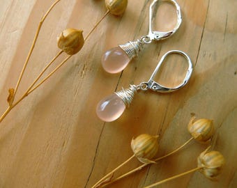 Powder Pink Chalcedony Drop Earrings, Sterling Silver Leverbacks – Dangle Gemstone Jewelry