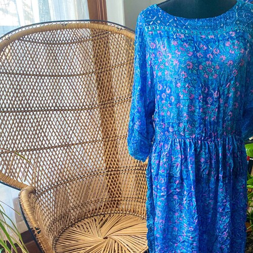 Vintage 70s ZodiAC India Silk shops Gauze Block Print Dress