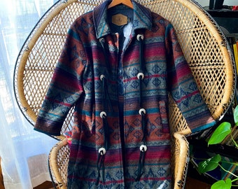 Vintage 80s Woolrich Southwestern Concho Bohemian Blanket Coat(S/M)