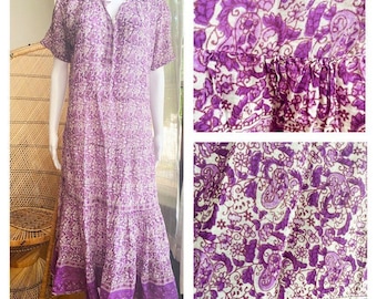 Vintage 70s Sheer Indian Cotton Gauze| Lilac Purple Pastel Lavender| Floral Block Print| Hippie Bohemian Festival| Women’s Summer Dress(S/M)