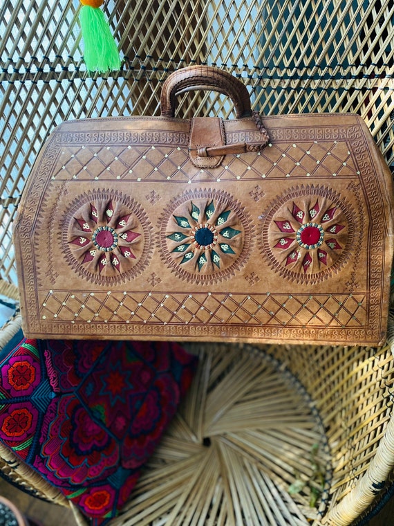 Vintage 70s Tooled Leather Suitcase| Hippie Boho … - image 1