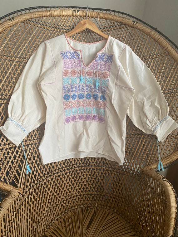 VTG 80s Pastel Oaxacan Hand Embroidered Blouse| H… - image 2