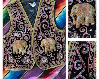 Vintage 70s/80s ***Carol Horn** Vest| Black Gold|Embellished Velvet| Ethnic Hippie Bohemian| Elephants Soutache|Women’s Fall Vest(OS)