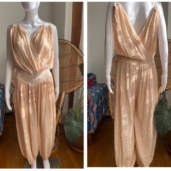 Vintage 70s Grecian Cotton Gauze| Pastel Peach Blush Ombré| Hippie Bohemian| Disco Glam| V-Neck Genie Harem Jumpsuit| Plus Size/Free Size