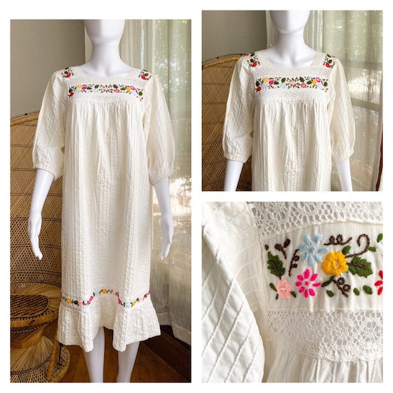 Vintage 70s White Cotton Oaxacan Mexican Pintuck … - image 1
