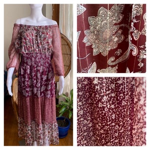 Vintage 90s/Y2K Burgundy Dress| Boho Gypsy| Hippie Boho| Metallic Lurex| Floral Paisley|Block Print|Chiffon Gauze| Women’s Maxi Dress( X