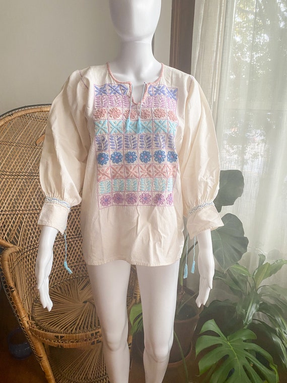 VTG 80s Pastel Oaxacan Hand Embroidered Blouse| H… - image 3