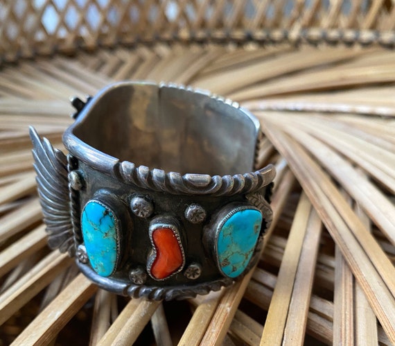 Mid Century Vintage Native American Navajo Turquoise Coral Sterling Silver Ring Mid Century Vintage Native American Navajo Turquoise Coral Sterling Silver Ring