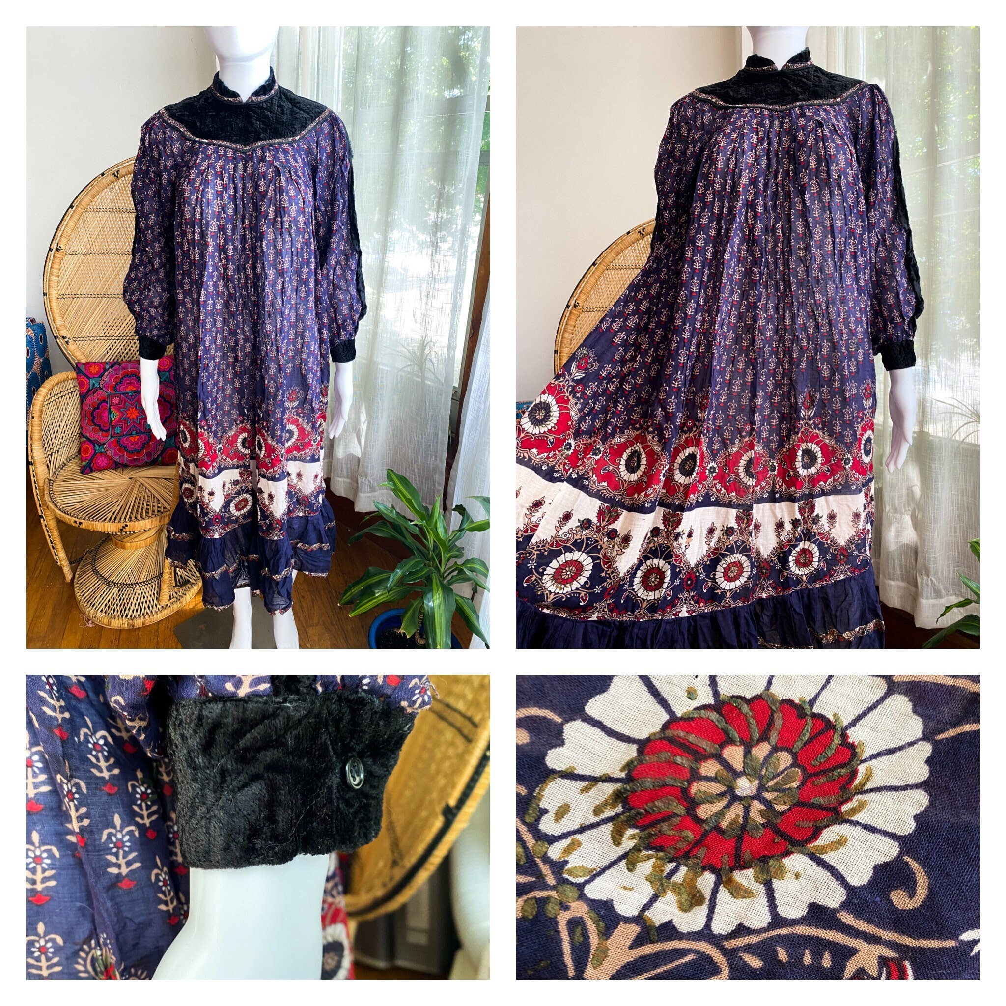 ワンピース 70s Floral Cotton Gauze Dress Vintage 70s Indian Cotton Gauze Floral Block Print Prairie