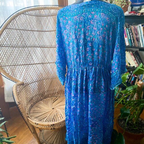 Vintage 70s ZodiAC India Silk shops Gauze Block Print Dress