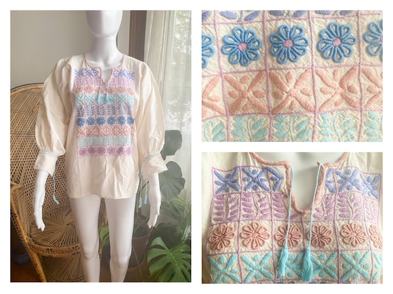 VTG 80s Pastel Oaxacan Hand Embroidered Blouse| H… - image 1