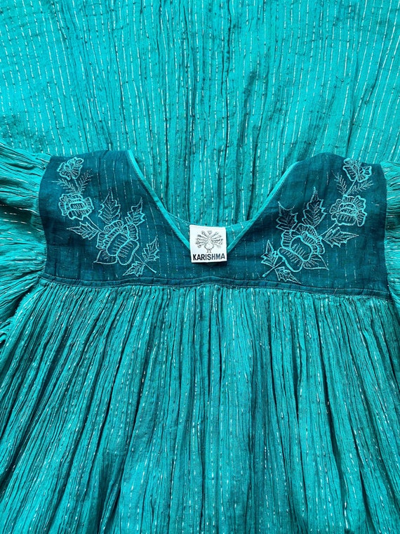 Vintage 70s Indian Cotton Gauze Sheer Turquoise G… - image 2