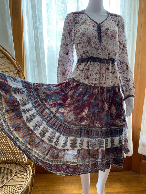 Vintage 70s India Cotton Gauze Floral Block Print… - image 3