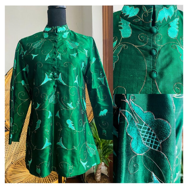 Vintage 60s Green Silk Indian Nehru Mandarin Collar Tunic w/Gold Hand Embroidery