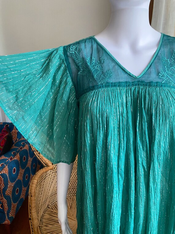 Vintage 70s Indian Cotton Gauze Sheer Turquoise G… - image 5