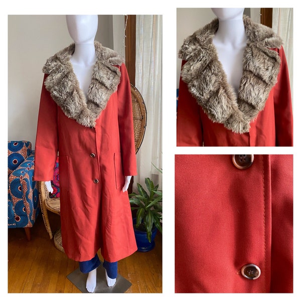 Vintage 70s Homespun Penny Lane Orange Canvas Coat| Hippie Boho Rocker Glam Minimalist| Faux Fur Collar| Women’s Fall Trench Midi Coat(L)