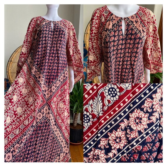 Vintage 1970s Indian Cotton Dress Floral Block Maroon Ivory 