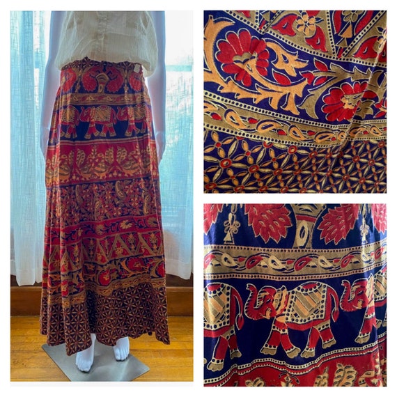 Buy Vintage 70s Indian Cotton Block Print Maxi Wrap Skirt OSFM 