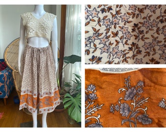 Vintage 70s Orange Indian Cotton Midi Skirt| Floral Block Print| Hippie Bohemian | Women’s Fall Skirt| One Size