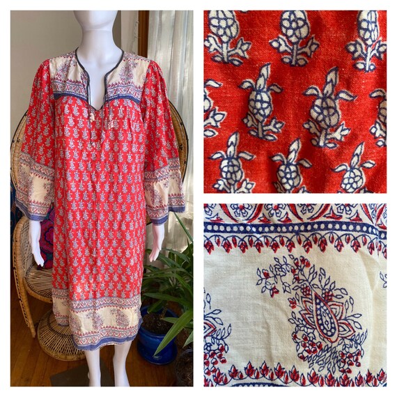 Vintage 70s Red Indian Cotton Dress| Floral Calic… - image 1