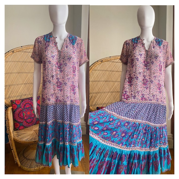 Vintage 70s 80s adini Indian Cotton Gauze Floral Block Print Smock