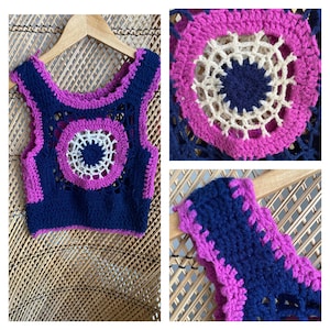 Vintage 70s Homespun Crochet Handknit  Dopamine Purple Blue Granny Square Hippie Boho Sweater Crop Top Tank Vest( S)