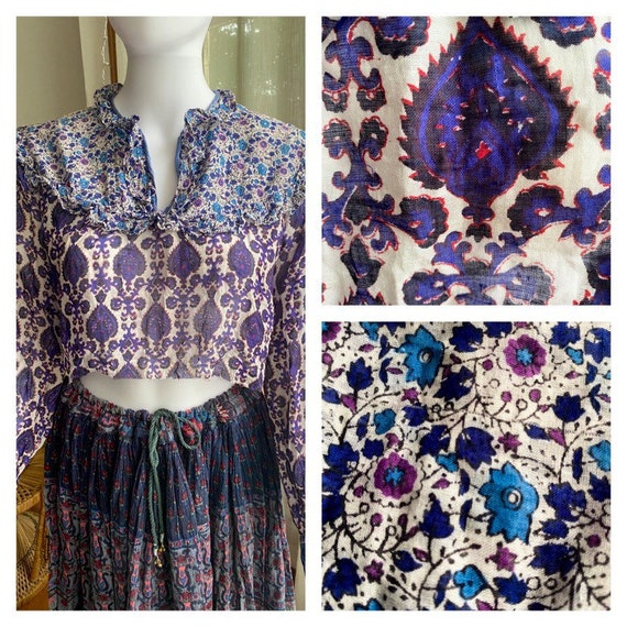 Vintage 70s Purple Indian Cotton Gauze Floral Blo… - image 1