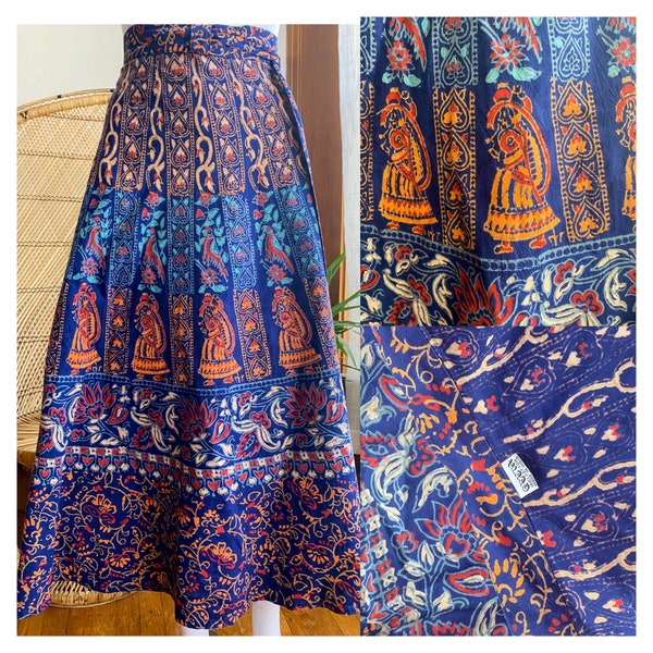 Vintage 70s Indian Cotton Floral Paisley Block Print Blue Wrap Hippie Folk Bohemian Maxi Skirt( One Size)
