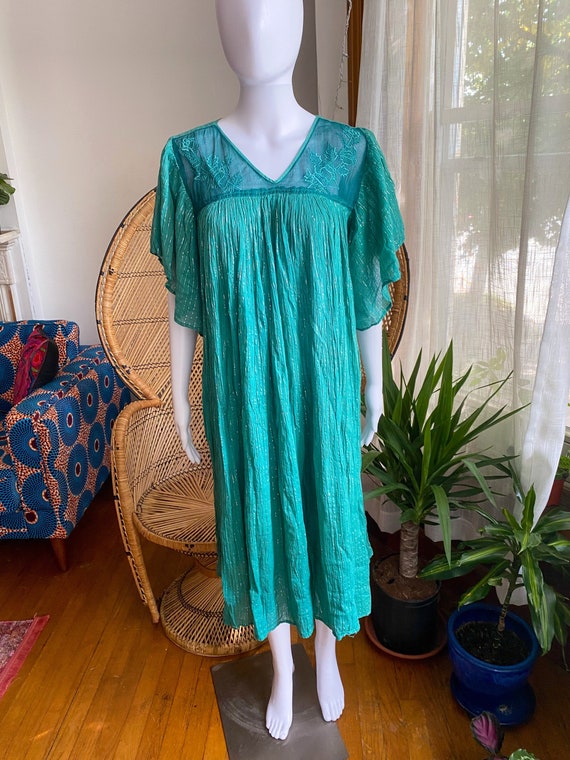 Vintage 70s Indian Cotton Gauze Sheer Turquoise G… - image 3