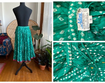 Vintage 70s Deadstock *ADINI* Green Indian Cotton Skirt| Block Print| Tassel Drawstring| Bohemian Ethnic Folk| Women’s Fall Midi Skirt\ S/M