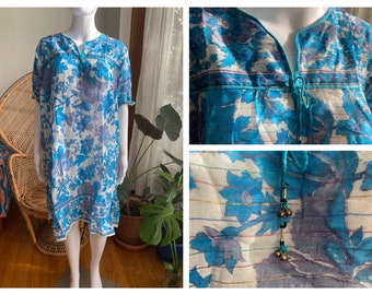 Vintage 90s NOS Indian Cotton Gauze|Blue Purple| Floral Block Print| Hippie Bohemian| Smock Mini Dress w/Lurex Metallic Thread( OS)