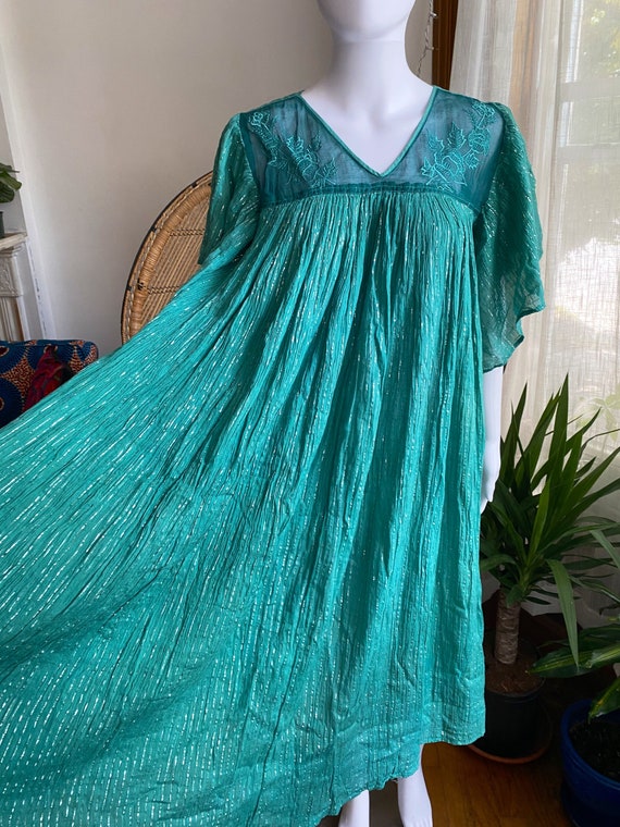 Vintage 70s Indian Cotton Gauze Sheer Turquoise G… - image 4