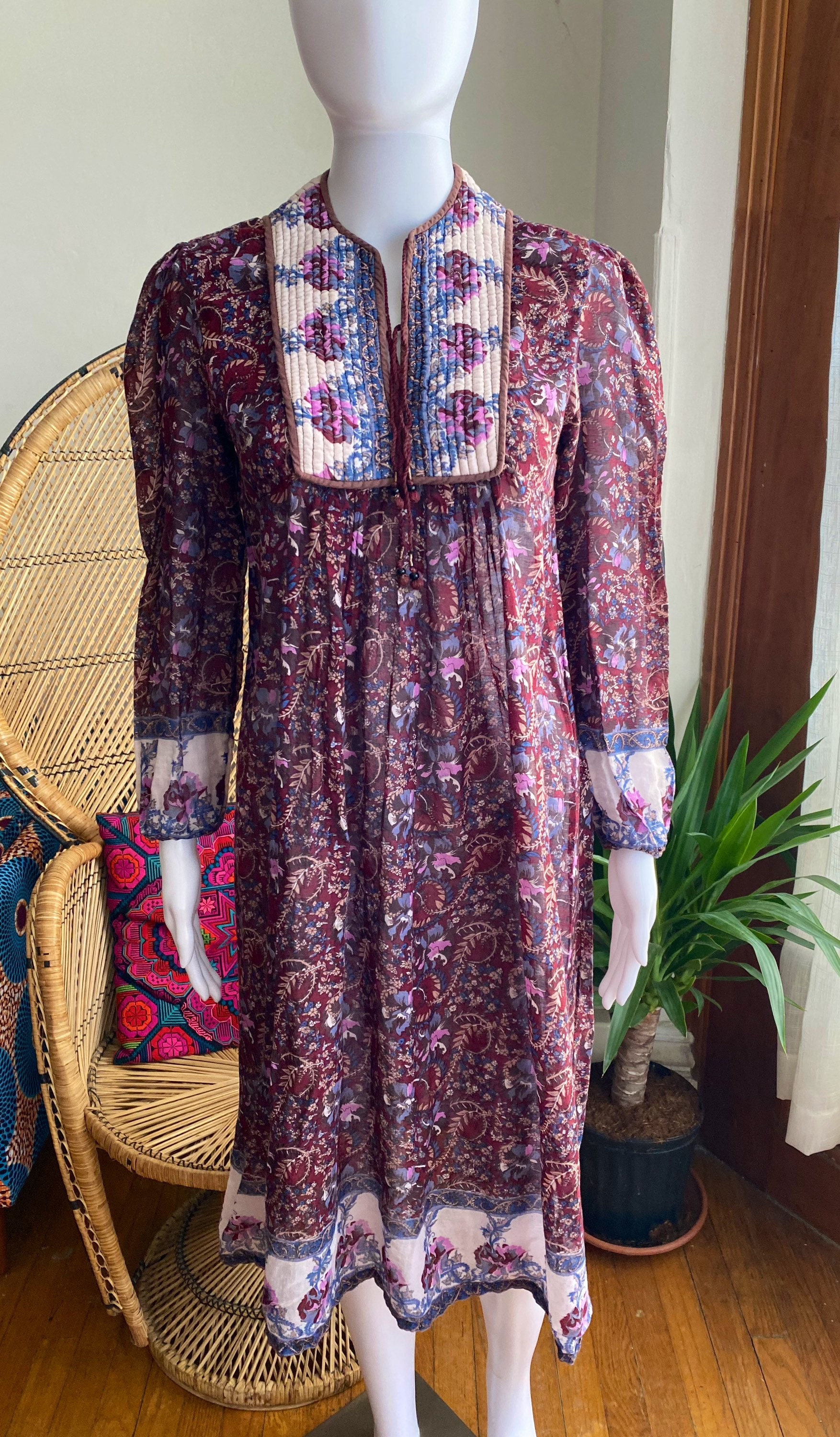 【爆買い！】 Quilted 70s Vintage Sheer Floral Gauze Cotton Indian ワンピース