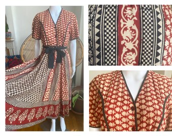 VTG 70s *Supercraft* Indian Cotton Dress| Floral Calico Block Print|Brick Red Black| Bohemian Cottagecore Folk| Women’s Fall Maxi| S