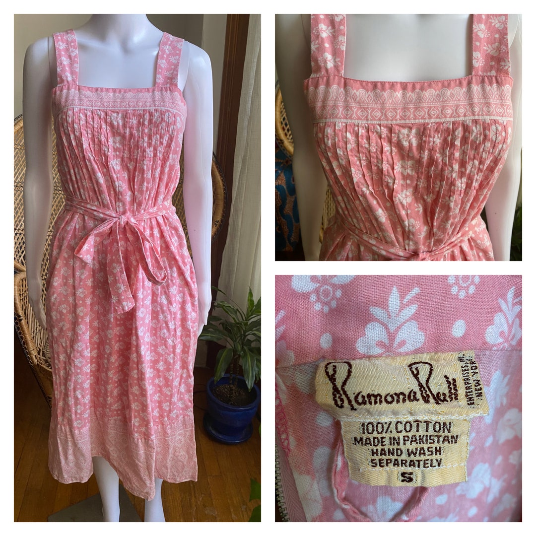 Vintage 70s Ramona Rull Cotton Midi Dress: Pink Floral Block Print ...