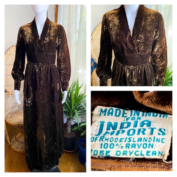 Vintage 60s Adini India Imports of Rhode Island Dress|Chocolate Brown|Velvet|Bohemian Mod|Women’s Fall Empire Waist V-Neck Maxi Dress(XS)