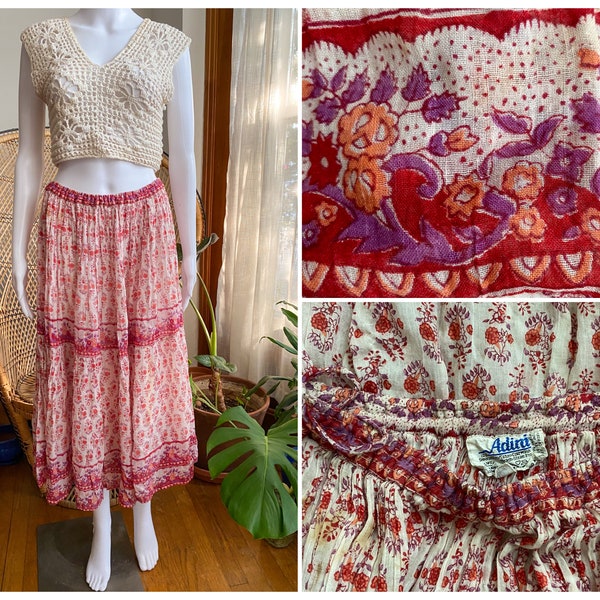 Vintage 70s 80s*ADINI* Indian Cotton Skirt| Floral Block Print| Hippie Bohemian Folk| Orange Pink Cream|Women’s Maxi Skirt| M/L