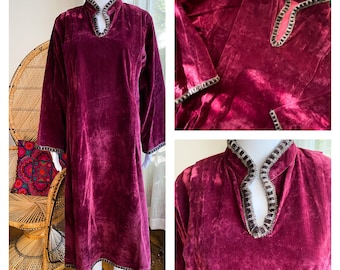 Vintage 70s Crushed Velvet Dress|Burgundy Merlot Red|Embroidered Ethnic|Afghan India| Glam Folk Bohemian | Women’s Fall Dress( S/M)