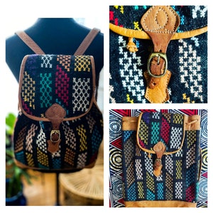 Vintage 80s Moroccan Leather Knapsack Bag|Tapestry Woven Turkish Moroccan Kilim| Ethnic Bohemian Wool Backpack