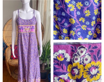 Vintage 90s Floral Purple Indian Cotton Crossback Maxi Slip Dress( S-L)