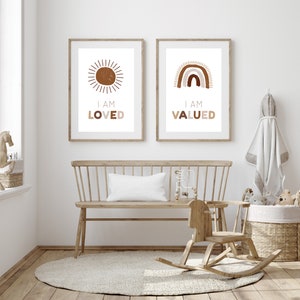 Neutral downloadable affirmations, printable wall art, set of 2 prints, nursery print, sun, rainbow, affirmations, I am loved and valued