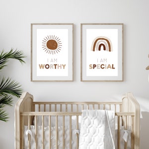 Neutral downloadable affirmations, printable wall art, set of 2 prints, nursery print, sun, rainbow, affirmations, I am worthy and special