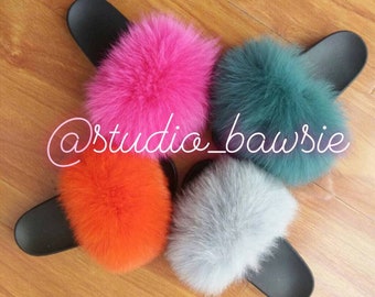 rainbow fur slides etsy